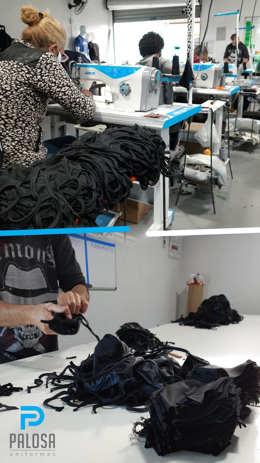 Equipe Palosa costurando uniformes profissionais na produção