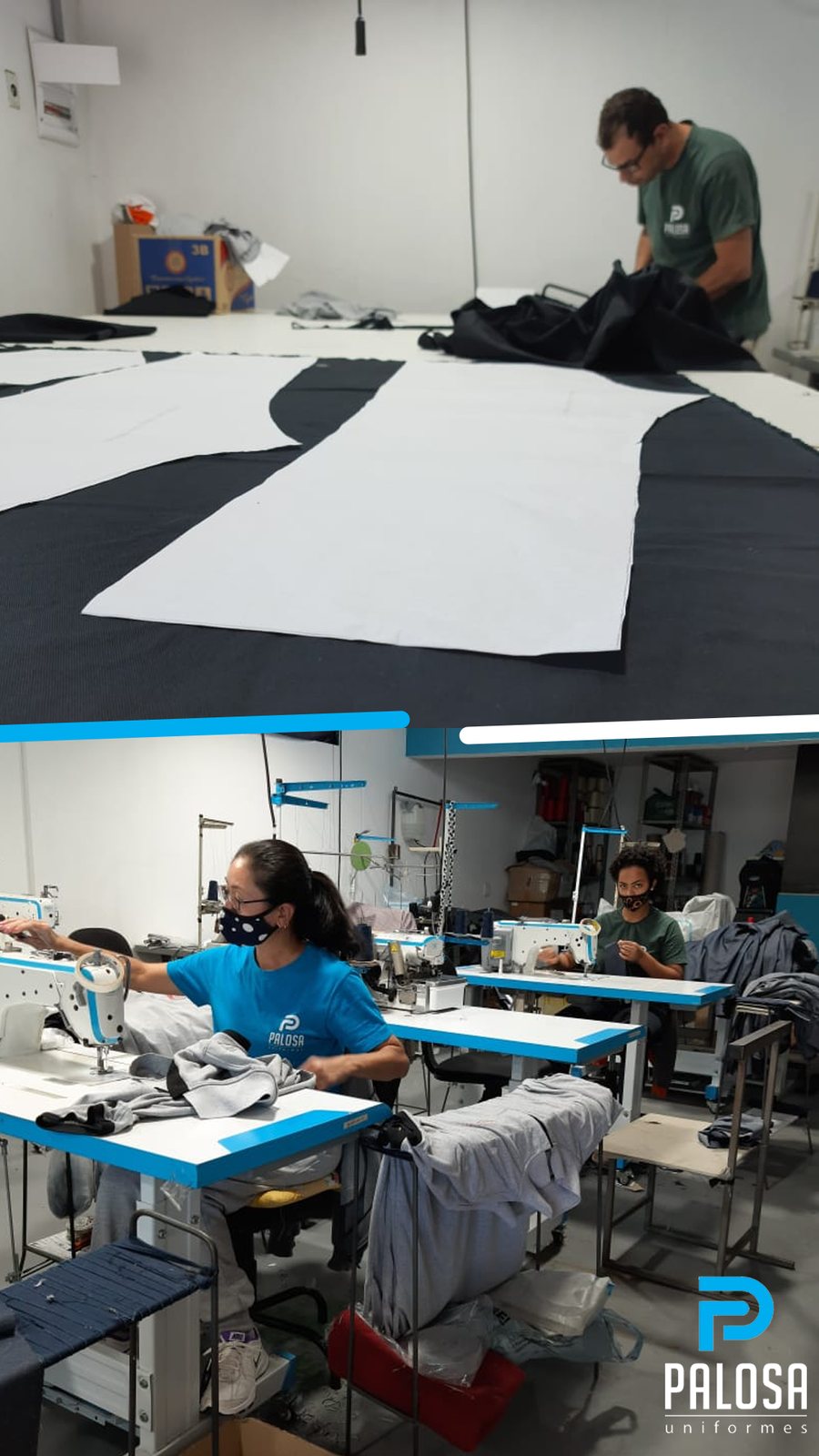Equipe Palosa trabalhando com moldes e máquinas de costura