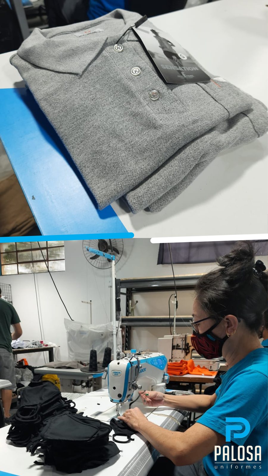 Uniforme dobrado e equipe Palosa em máquina de costura